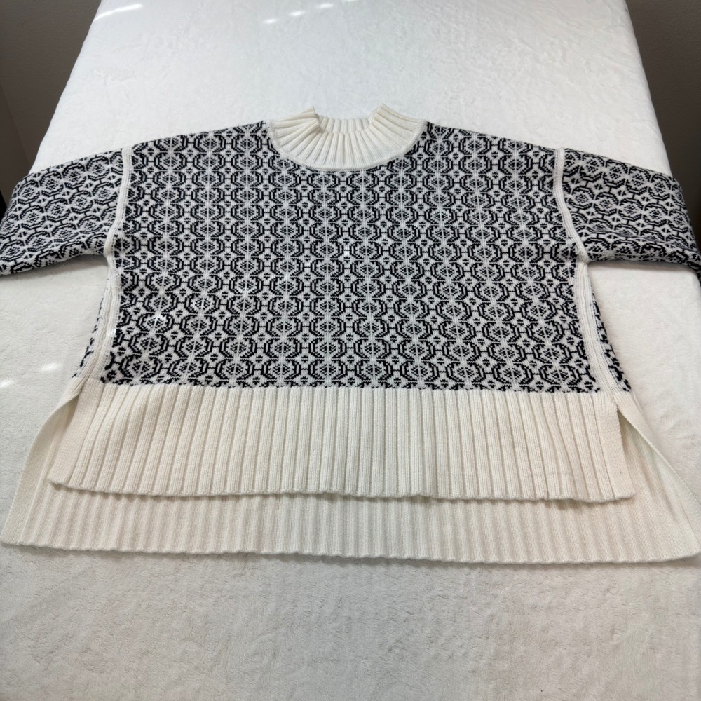 Free Assembly Fair Isle Sweater Womens XL Black White Mock Neck High-Low Ribbed